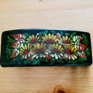 Hand-Painted in Russia Floral Hair Barrette - Black with Yellow & Red Flowers